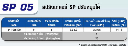 ตาราง SP 05 หัวสปริงเกลอร์ SP (5 หัวฉีด)